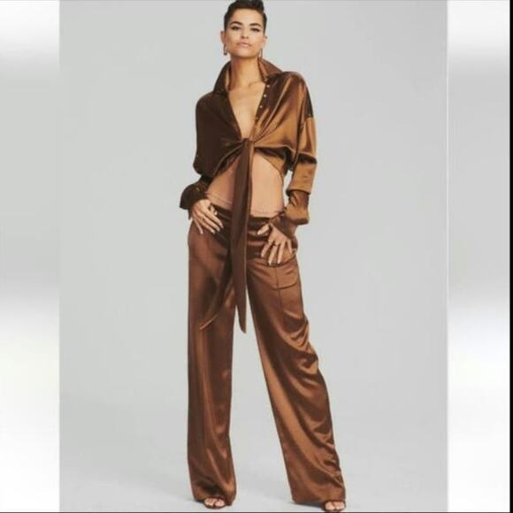 Retrofete Eliza Pant in Cognac Brown Size Small Lined Wide Leg Satin NWT - Picture 1 of 12
